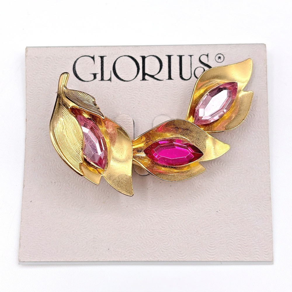 Glorius Vtg 60s Gold Tone Pink Marquis Rhinestone Leaf Brooch Costume Jewelry